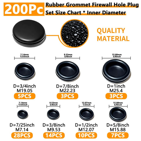 70 Pack Rubber Grommet Kit With 7 Sizes For Wiring Automotive And Home Improvement size chart and material details