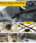 Smooth Glide Steam Cleaner With Safety Trigger And 61 Oz Tank 1800W High Heat Vapor Blaster removing grease from stove and sink.