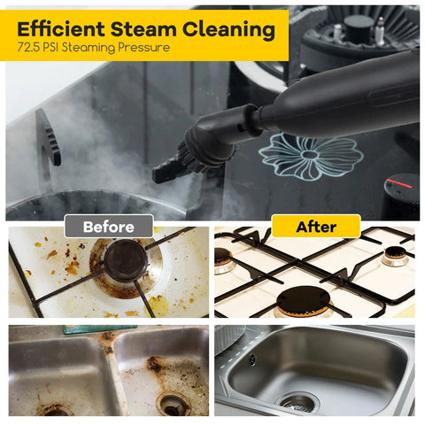 Smooth Glide Steam Cleaner With Safety Trigger And 61 Oz Tank 1800W High Heat Vapor Blaster removing grease from stove and sink.