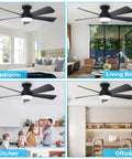 Cool 42 Inch Black Ceiling Fan With Light For Indoor And Outdoor Use Dimmable LED Remote Control Flush Mount Low Profile Design in bedroom, living room, kitchen, and office settings.