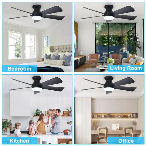 Cool 42 Inch Black Ceiling Fan With Light For Indoor And Outdoor Use Dimmable LED Remote Control Flush Mount Low Profile Design in bedroom, living room, kitchen, and office settings.