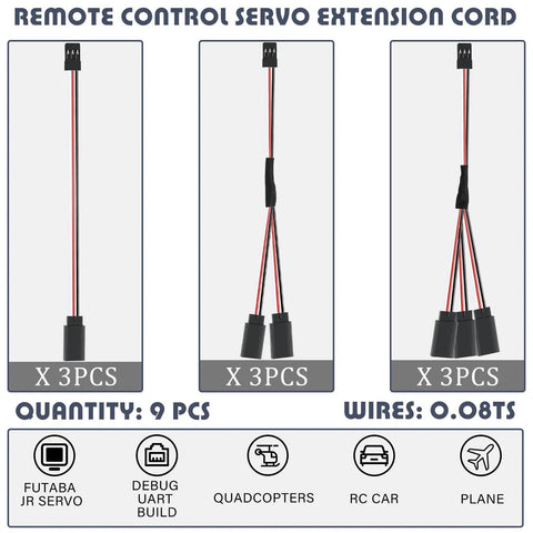 9 Piece Servo Y Connector Kit With 3 Pin Plug Splitters, Male To Female Extension Cords displayed in different styles.