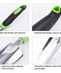 Garden Trowel And Wide Hand Shovel With Pointed Tip And Soft Rubberized Non Slip Ergonomic Handle For Planting Transplanting Weeding Moving And Smoothing Soil Bright Green Aluminum Alloy Rust Resistant Durable Garden Tool Gift showing close-up of handle and blade features