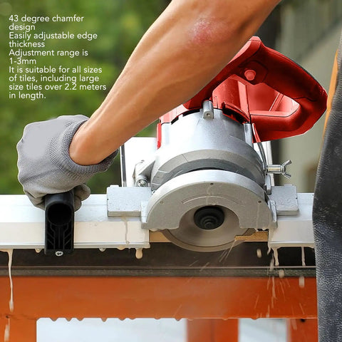 Electric Tile Bevel Cutter With 13000Rpm Motor Delivers Clean 43 Degree Chamfer Cuts Like Butter While Running Smooth As Silk Heavy Duty Aviation Aluminum Base Handles Massive 2.2M Tiles US Plug 110V in use for adjustable edge thickness.