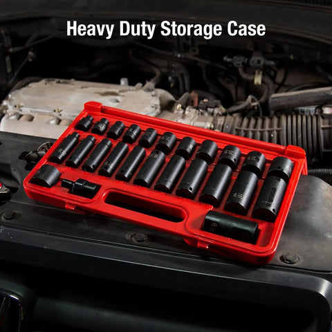 Three Eighths Inch Drive Pro Grade Master Impact Socket Set in red heavy duty case on engine, 29-Piece Metric 8-22mm, 12-Point