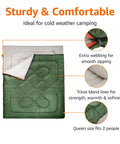 Two Person Queen Size Sleeping Bag for Camping, 40F Cold Weather, double bag, olive green, tricot liner, webbing details