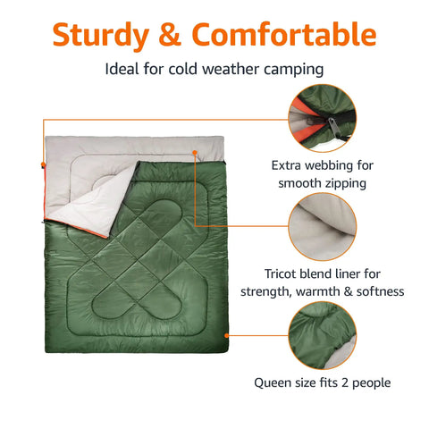 Two Person Queen Size Sleeping Bag for Camping, 40F Cold Weather, double bag, olive green, tricot liner, webbing details