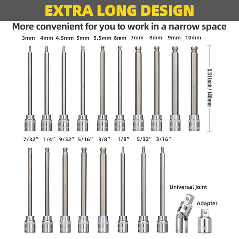 Extra Long 3/8 Inch Drive Hex Bit Socket Set, 20-Piece Ball End Allen Sockets For SAE And Metric Sizes, showing socket sizes and adapter
