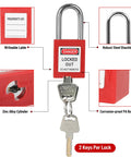 Close-up of a red safety padlock from Electrical Lockout Tagout Kit With Hasps Tags Safety Padlocks And Nylon Ties Complete Loto Solution.