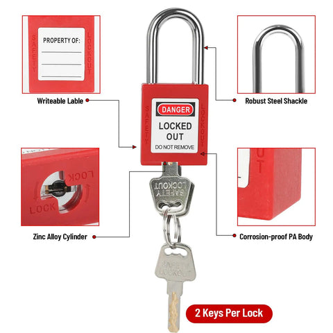 All In One Lockout Tagout Kit With Electrical LOTO Hasps Warning Tags Numbered Safety Padlocks Nylon Ties Zip Ties And Heavy Duty Storage Bag showing red padlock with keys