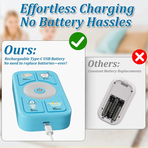 Blue Kids Timer For Tooth Brushing Bath Time And Shower Routines Kid Friendly Countdown Clock with charging cable shown