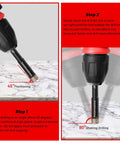 Drill demonstrating use of Dry Diamond Drill Bits Set For Tile And Stone, 8 Pc With Integrated Coolant For Fast Dry Drilling, Sizes 3/16, 1/4, 5/16, 3/8, 1/2 Inch, Porcelain Ceramic Marble Glass Granite, Separate Storage Case, Round Shank