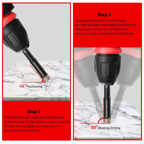 Drill demonstrating use of Dry Diamond Drill Bits Set For Tile And Stone, 8 Pc With Integrated Coolant For Fast Dry Drilling, Sizes 3/16, 1/4, 5/16, 3/8, 1/2 Inch, Porcelain Ceramic Marble Glass Granite, Separate Storage Case, Round Shank