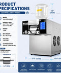 Commercial Snowflake Ice Maker Featuring Quick Draw Touchscreen Tech, 12.2" x 22.4" x 16.5", stainless steel, for efficient shaved ice production.
