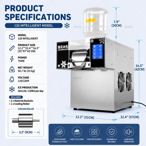 Commercial Snowflake Ice Maker Featuring Quick Draw Touchscreen Tech, 12.2" x 22.4" x 16.5", stainless steel, for efficient shaved ice production.