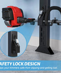Beefy Sturdy Rustproof Trimmer Rack For Open Trailers Lockable Weed Eater Rack with safety lock feature shown