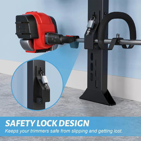 Beefy Sturdy Rustproof Trimmer Rack For Open Trailers Lockable Weed Eater Rack with safety lock feature shown