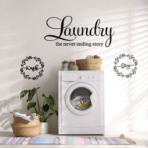 Laundry Room Wall Decal Set Of 3 Vinyl Stickers Wash Dry Laundry Never Ending Story Quote Art For Home And Apartment Black Print Easy Peel And Stick For Home Decor above washing machine