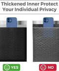 Comparison of black bubble mailers showcasing opacity and privacy, labeled 'Yes' and 'No', with a phone for scale.