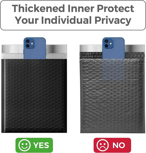 Comparison of black bubble mailers showcasing opacity and privacy, labeled 'Yes' and 'No', with a phone for scale.