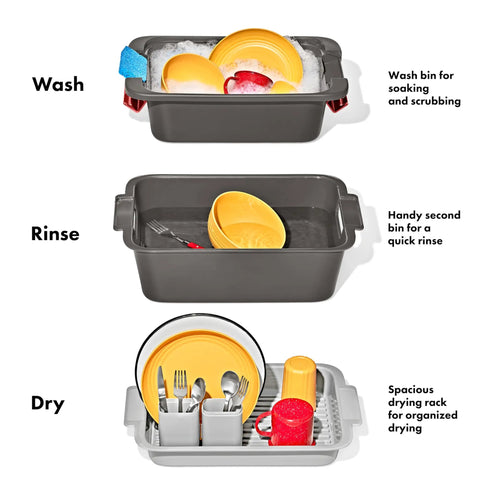 Outdoor Camp Kitchen Wash Dry And Stow System with two bins and a drying rack illustrated in use