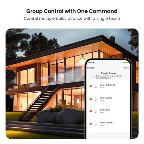 Smart lighting app controls multiple Four Pack Smart LED Bulbs 2.4GHz WiFi Tunable White 2500K to 6500K in modern house