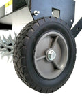 Close-up of wheel and spikes on Tow Behind Spike Aerator With Transport Wheels, 40-Inch Lawn Aerator, galvanized carbon steel.