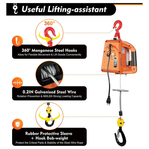 Heavy Duty 3-in-1 Electric Hoist Winch With Wireless Remote For Garage Lifting Heavy Loads Up To 660lbs features 360° steel hooks and galvanized wire.