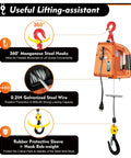 Heavy Duty 660 Lb Electric Chain Hoist With Manual Cable And Wireless Remote Rock Solid 1500W Motor detailed features including hooks and wire.
