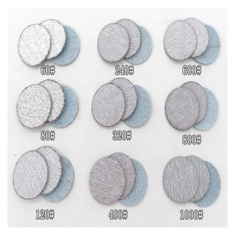 High Grade 100 Pcs 4 Inch Hook And Loop White Sandpaper For Dry Grinding And Polishing With Cool Dust Venting Holes And Peel-And-Switch Backing To Swap Fast No Tools Needed showing various grit sizes.