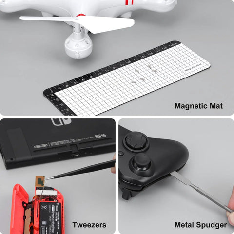 Badass Mini Electric Screwdriver Set With 70 Precision Bits And Five Variable Torque Settings For Delicate Gadget Repair and Heavy Duty Household Jobs That Are Super Tight And Ridiculously Reliable, shown with tools and magnetic mat.