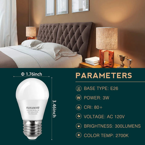 Small A15 Bulb 3W 25W Equivalent Budget Friendly Warm White 2700K Energy Saving Light Bulbs For Nightstand Table Lamp