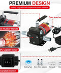 Plug And Play 110V AC Gasoline Fuel Transfer Pump 3.7 GPM Self Priming Oil And Diesel Pump With Dual Switch Overheat Protection and Reversible Hose Kit, showing cast iron body and rubber handle.