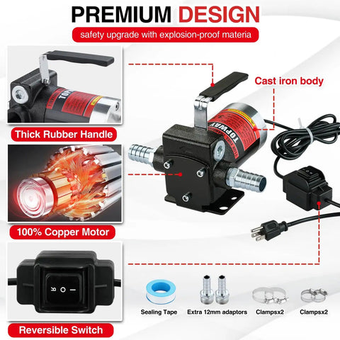 Plug And Play 110V AC Gasoline Fuel Transfer Pump 3.7 GPM Self Priming Oil And Diesel Pump With Dual Switch Overheat Protection and Reversible Hose Kit, showing cast iron body and rubber handle.