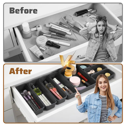 Before and after view of 9 Piece Stackable Drawer Organizer Trays Set With Modular Design For Desk Vanity Makeup Storage, showing organized makeup items in black PET plastic trays inside a drawer.