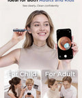 Ear Wax Removal Kit With Flexible Ear Camera Otoscope Visual Ear Cleaner in use by woman with smartphone screen visible