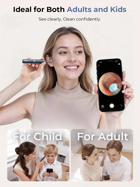 Ear Wax Removal Kit With Flexible Ear Camera Otoscope Visual Ear Cleaner in use by woman with smartphone screen visible