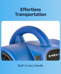 Close-up of built-in carry handle on High-Velocity 1/4 HP Industrial Carpet Dryer with 3 Speed Air Mover, blue color.