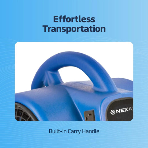 Close-up of built-in carry handle on High-Velocity 1/4 HP Industrial Carpet Dryer with 3 Speed Air Mover, blue color.