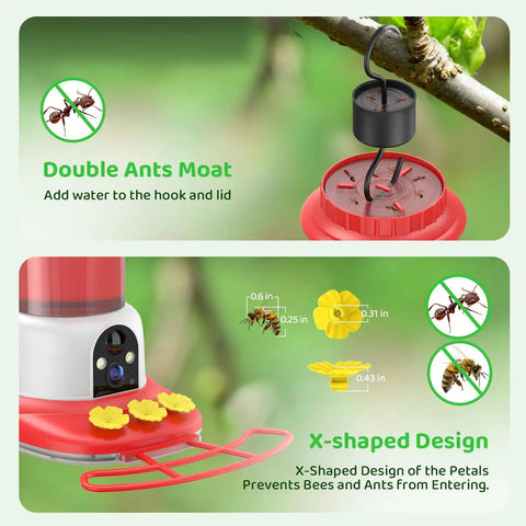 Dope Smart Hummingbird Feeder With Camera For Backyard Birding Solar Powered AI Identification 1080p Video Feed Ant Moat And Bee Proof 20oz Outdoor Hanging Gift For Bird Watching And Backyard Visitors. Image shows ant moat and X-shaped petal design preventing insects.