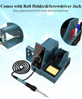 Heavy-Duty Pro-Grade Soldering Station With Rapid 6-Second Heating And Smart Temperature Control 392 To 896 F Safety Certified Iron Station Kit With Solder Bracket And Heat Resistant Sponge SD1 showing roll holder and screwdriver jack.