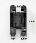 Heavy-Duty Self Soft-Closing Hidden Door Hinge For Commercial And Residential Doors Concealed Metal Hardware dimensions shown
