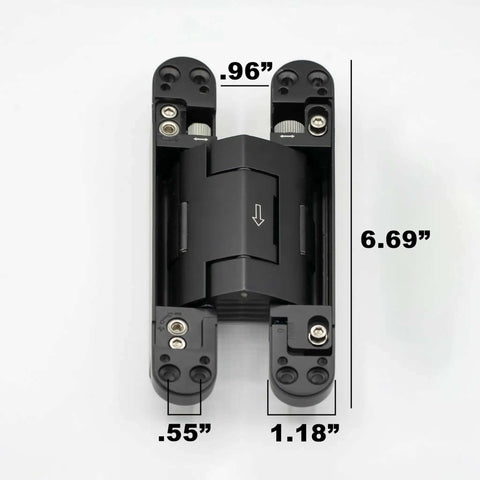 Heavy-Duty Self Soft-Closing Hidden Door Hinge For Commercial And Residential Doors Concealed Metal Hardware dimensions shown