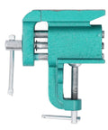 Heavy Duty Iron Bench Vise With Wide Jaw Clamps For Rock Solid Woodworking And Metalworking Holddown Tool close-up view, green finish, durable design.