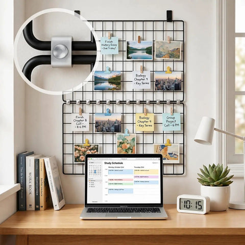 Workspace with grid wall using 100 Pack Splice Washer Kit For Mesh Wire Cable Trays Galvanized Grid Wall Clips Steel Reinforced Joint Clamps