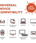Infographic of universal device compatibility showing 8 device icons and an orange safe-for-all-screens splash.