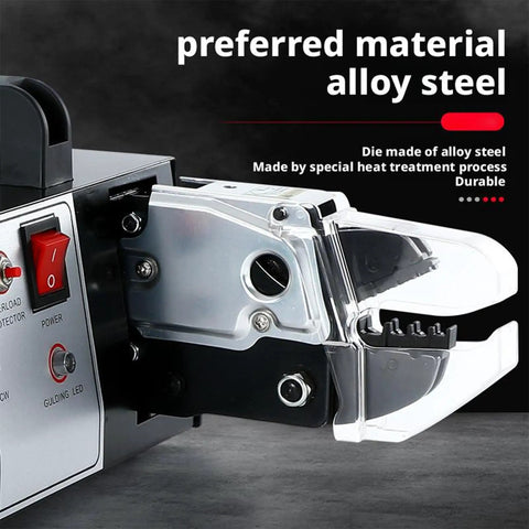 Slick Automatic Electric Terminal Crimping Pliers Featuring Rapid Strip And Cut Action For No Sweat Heavy Duty Automotive Wiring And Seamless Cable Management Solutions, close-up of alloy steel die.