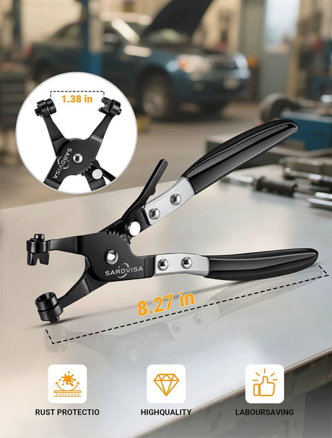 Heavy Duty Hose Clamp Pliers With Locking Gear And Black Non Slip Handle in a workshop, 8.27 inch length, front view