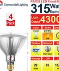 315W Equivalent PAR38 LED Flood Light Bulb 4300 Lumens Daylight 5000K Non Dimmable Outdoor Full Glass Waterproof And Anti Ageing 4 Pack features and specifications chart