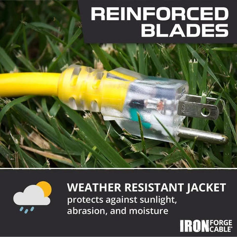 Close-up of reinforced blades and lighted end of Weatherproof Outdoor Extension Cord 25 Ft Heavy Duty 14/3 SJTW 15 Amp Yellow